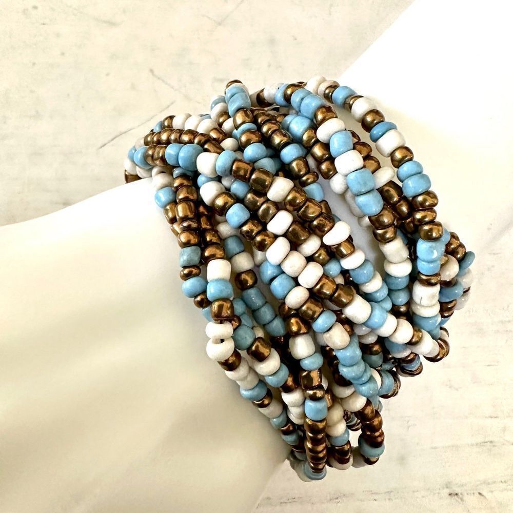 The Beaded Soul multi strand blue white and gold beaded bracelet